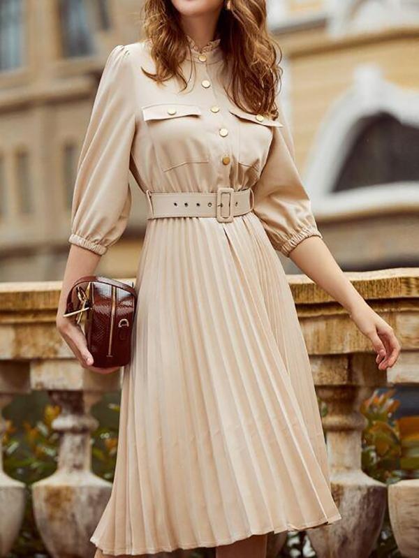 Button Front Buckle Belted Pleated Dress - Dresses - INS | Online Fashion Free Shipping Clothing, Dresses, Tops, Shoes - 02/02/2021 - Apricot - Autumn