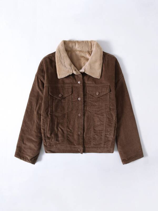 Button Front Corduroy Jacket With Borg Collar - INS | Online Fashion Free Shipping Clothing, Dresses, Tops, Shoes