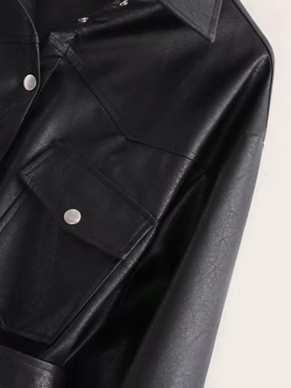Button Front Flap Pocket Belted PU Coat - INS | Online Fashion Free Shipping Clothing, Dresses, Tops, Shoes