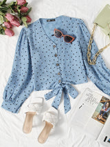 Button Front Knotted Hem Heart Print Blouse - INS | Online Fashion Free Shipping Clothing, Dresses, Tops, Shoes