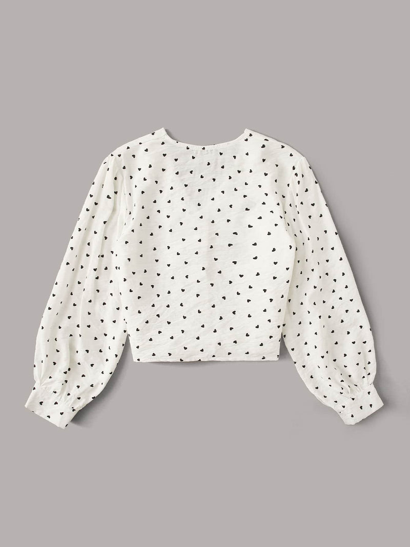 Button Front Knotted Hem Heart Print Blouse - INS | Online Fashion Free Shipping Clothing, Dresses, Tops, Shoes
