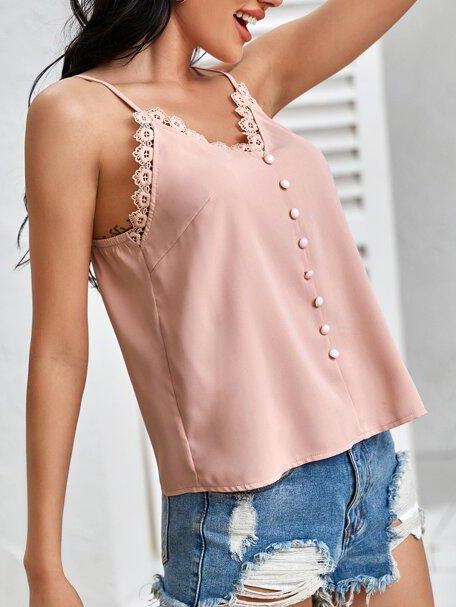 Button Front Lace Trim Cami Top - Tops - INS | Online Fashion Free Shipping Clothing, Dresses, Tops, Shoes - 214 - Beach - Casual