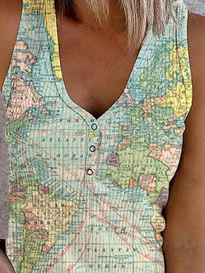 Button Map Print V-neck Tank Top - Tanks - INS | Online Fashion Free Shipping Clothing, Dresses, Tops, Shoes - 04/06/2021 - Category_Tanks - Color_Multicolor