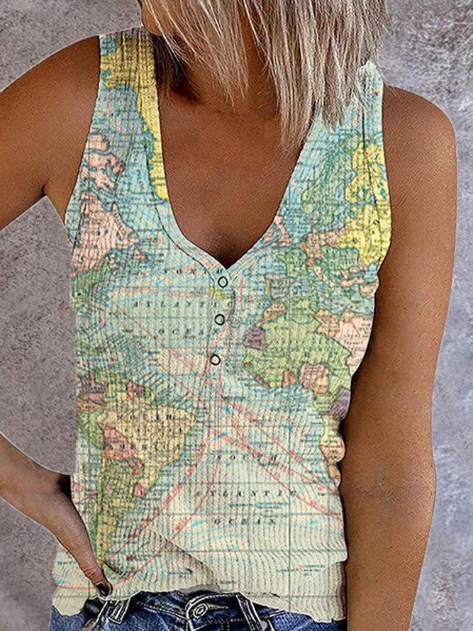 Button Map Print V-neck Tank Top - Tanks - INS | Online Fashion Free Shipping Clothing, Dresses, Tops, Shoes - 04/06/2021 - Category_Tanks - Color_Multicolor