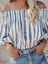 Button One Word Shoulder Lantern Sleeve Stripe Blouse - Blouses - INS | Online Fashion Free Shipping Clothing, Dresses, Tops, Shoes - 23/04/2021 - BLO210419215 - Blouses