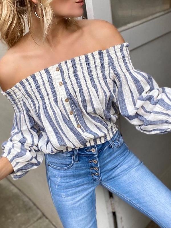 Button One Word Shoulder Lantern Sleeve Stripe Blouse - Blouses - INS | Online Fashion Free Shipping Clothing, Dresses, Tops, Shoes - 23/04/2021 - BLO210419215 - Blouses