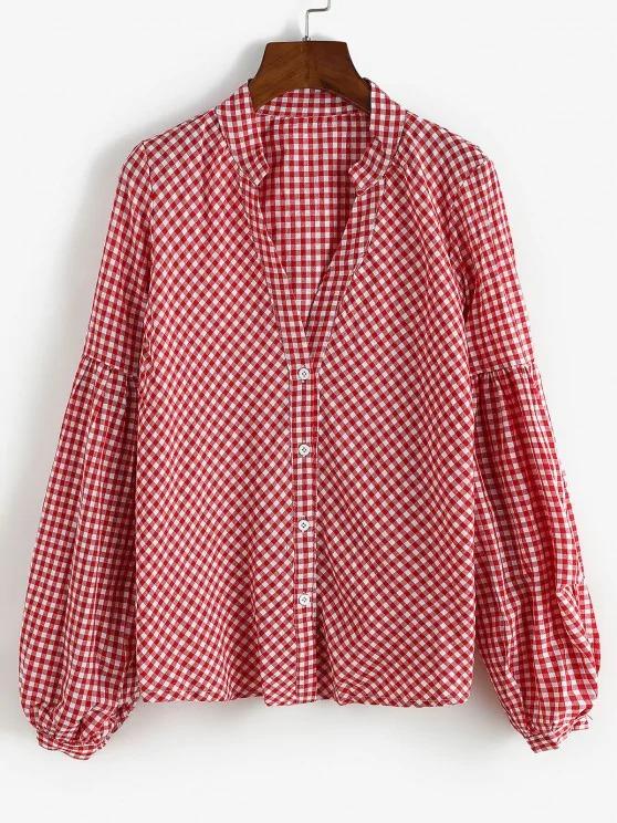 Button Up Gingham Lantern Sleeve Shirt - INS | Online Fashion Free Shipping Clothing, Dresses, Tops, Shoes