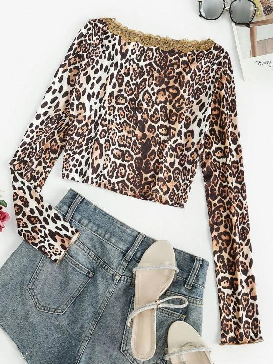 Button Up Lace Trim Leopard Tee - INS | Online Fashion Free Shipping Clothing, Dresses, Tops, Shoes
