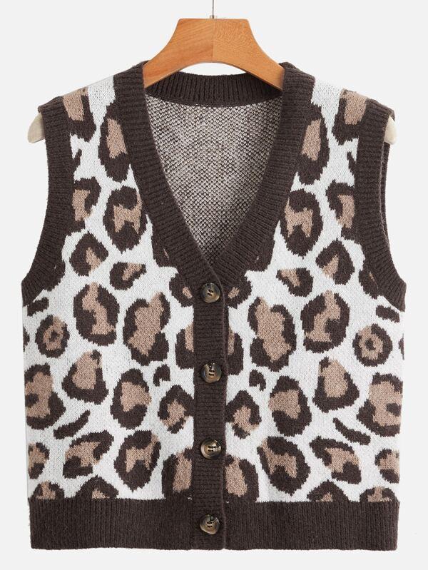 Buttoned Front Leopard Sleeveless Cardigan - INS | Online Fashion Free Shipping Clothing, Dresses, Tops, Shoes
