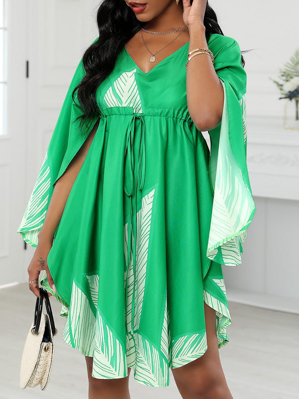 Cape Sleeve Leaves Print Ruched Dress - Mini Dresses - INS | Online Fashion Free Shipping Clothing, Dresses, Tops, Shoes - 28/04/2021 - Category_Mini Dresses - Color_Green