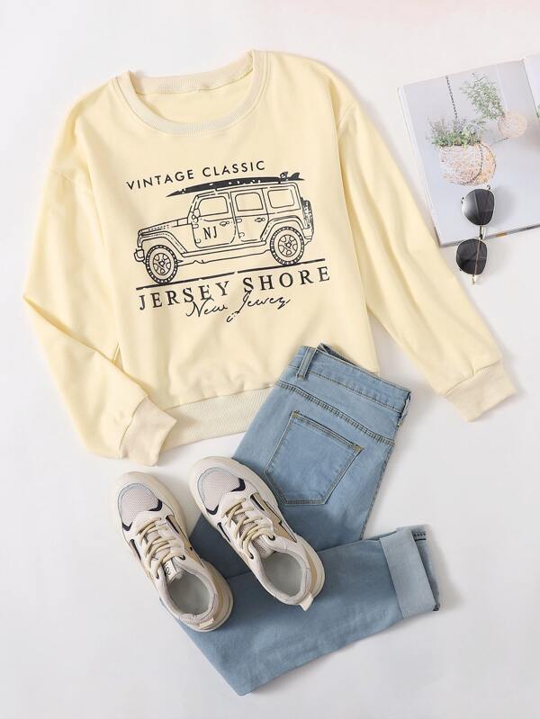 Car And Letter Graphic Sweatshirt - INS | Online Fashion Free Shipping Clothing, Dresses, Tops, Shoes