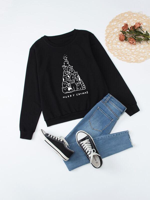 Cartoon Cat And Slogan Graphic Sweatshirt - INS | Online Fashion Free Shipping Clothing, Dresses, Tops, Shoes