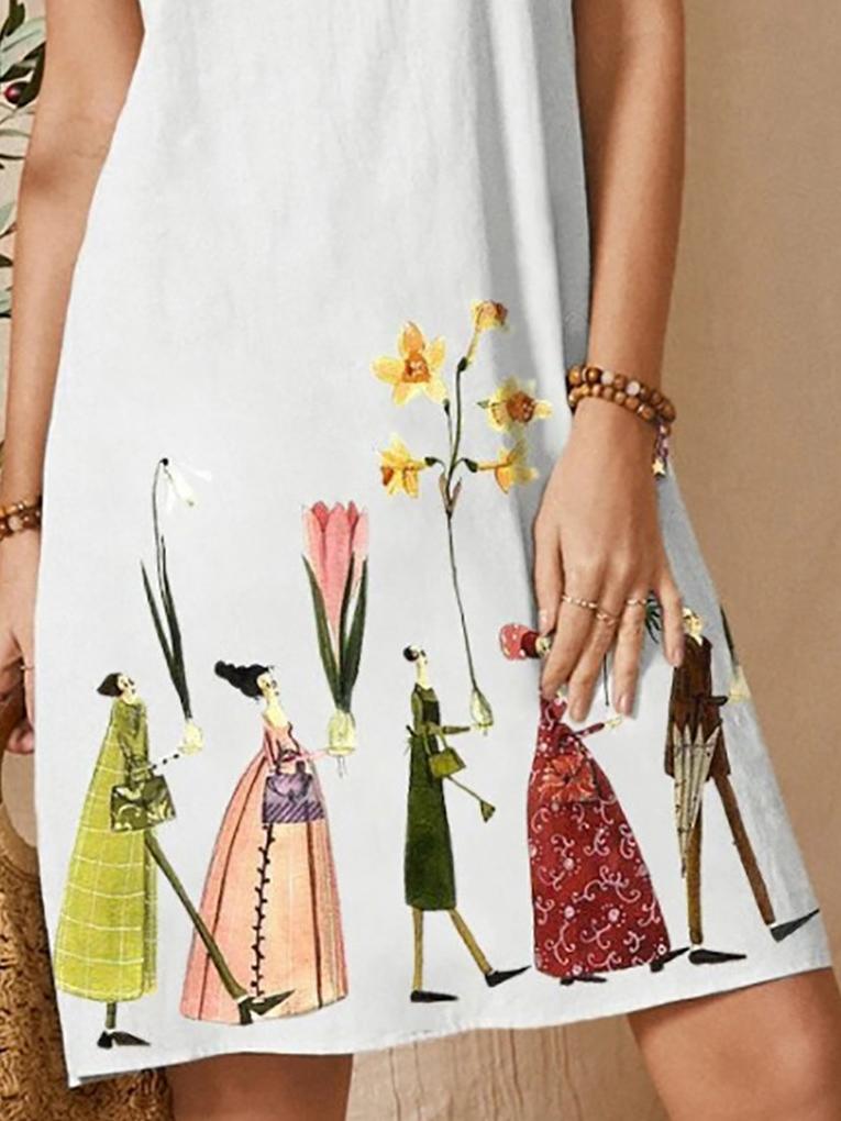 Cartoon Flower Print Button V-Neck Short Sleeve Dress - Mini Dresses - INS | Online Fashion Free Shipping Clothing, Dresses, Tops, Shoes - 19/06/2021 - 20-30 - Category_Mini Dresses