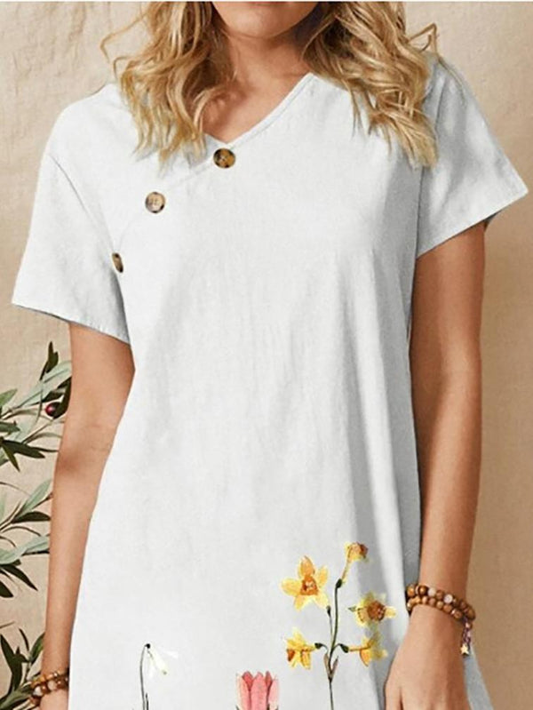 Cartoon Flower Print Button V-Neck Short Sleeve Dress - Mini Dresses - INS | Online Fashion Free Shipping Clothing, Dresses, Tops, Shoes - 19/06/2021 - 20-30 - Category_Mini Dresses