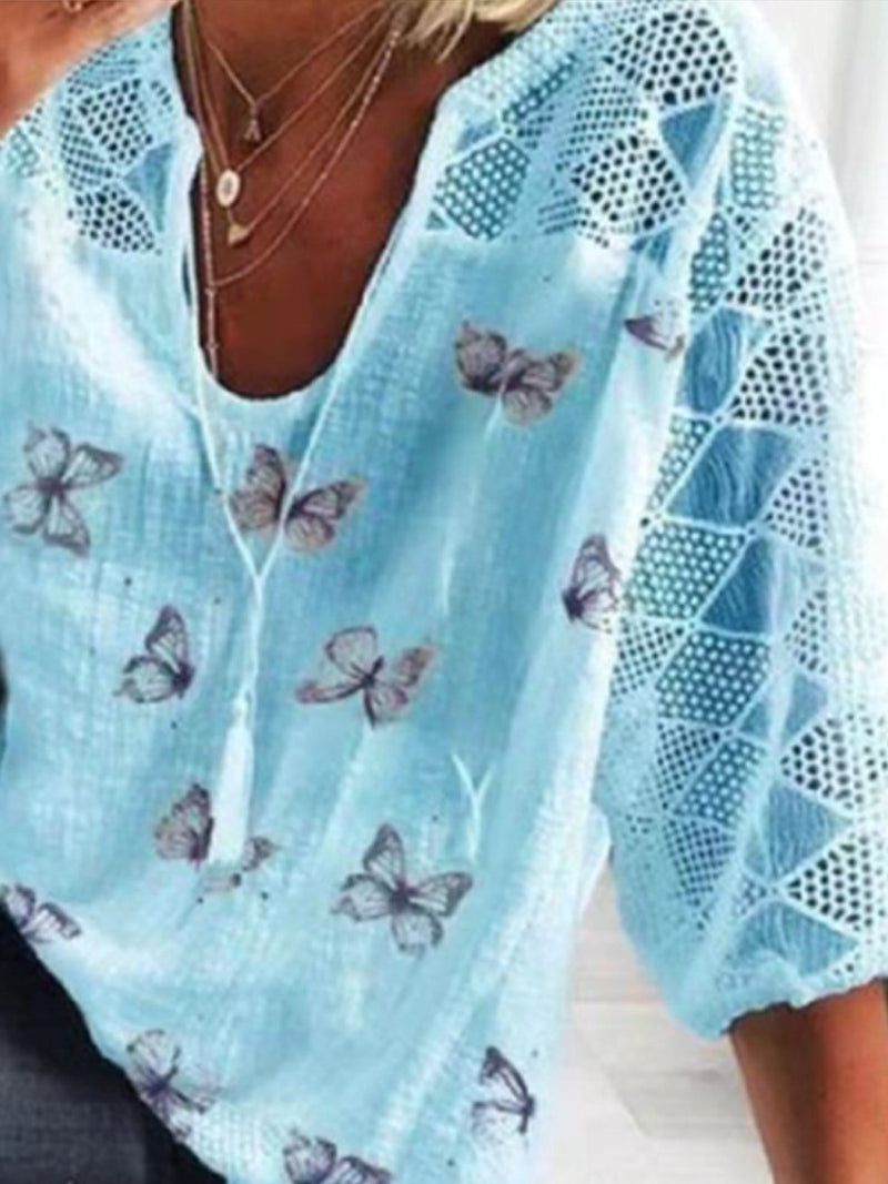 Casual Butterfly Printed Round Neck 3/4 Sleeve T-shirt - T-shirts - INS | Online Fashion Free Shipping Clothing, Dresses, Tops, Shoes - 18/05/2021 - Color_Sky Blue - Color_White