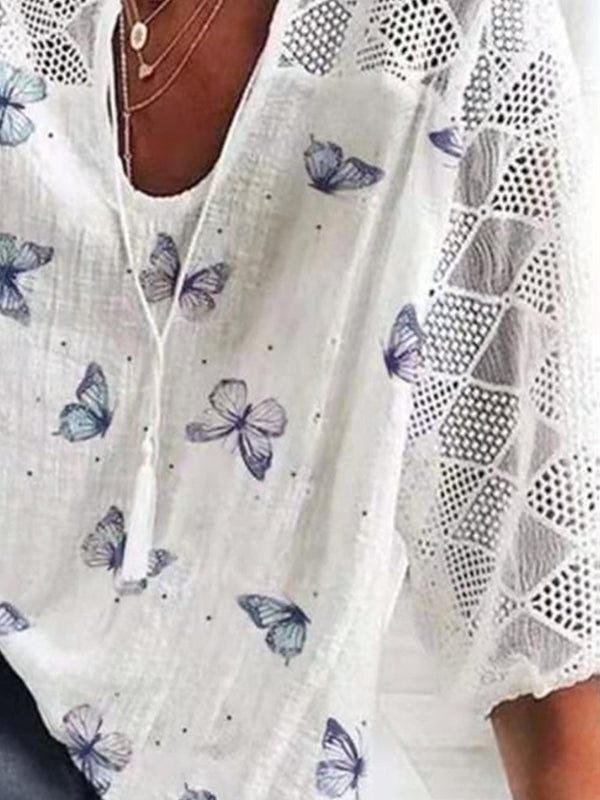 Casual Butterfly Printed Round Neck 3/4 Sleeve T-shirt - T-shirts - INS | Online Fashion Free Shipping Clothing, Dresses, Tops, Shoes - 18/05/2021 - Color_Sky Blue - Color_White