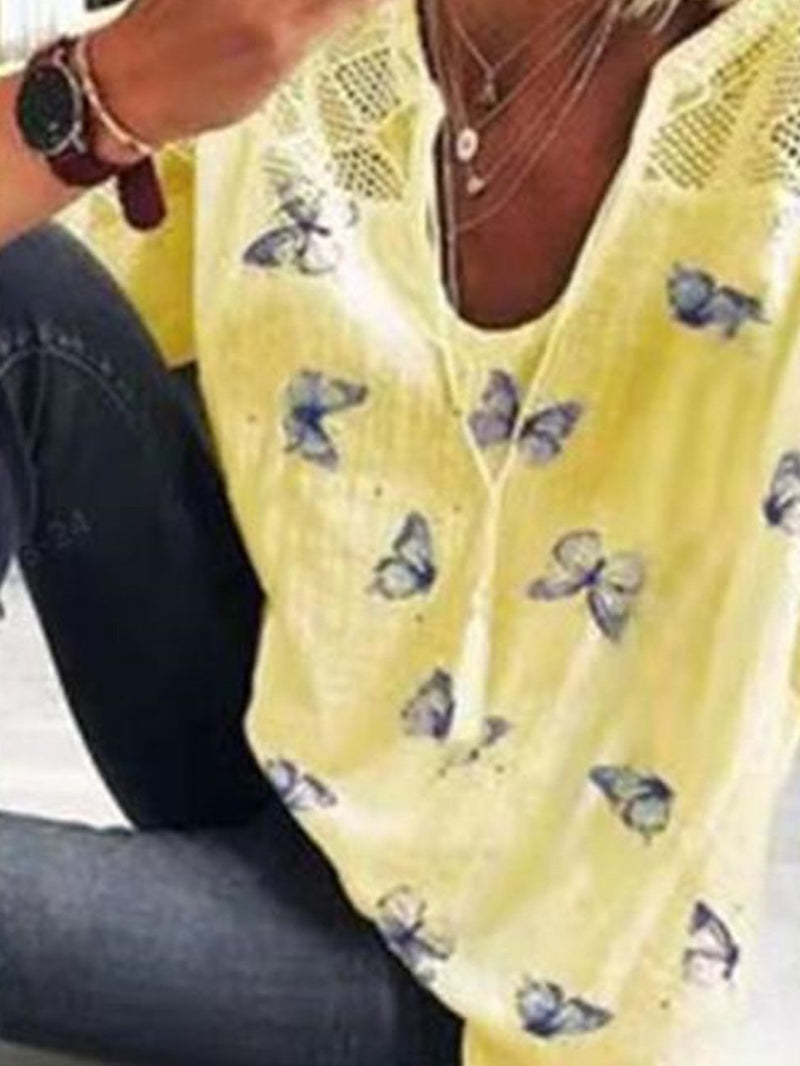 Casual Butterfly Printed Round Neck 3/4 Sleeve T-shirt - T-shirts - INS | Online Fashion Free Shipping Clothing, Dresses, Tops, Shoes - 18/05/2021 - Color_Sky Blue - Color_White
