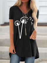 Casual Dandelion Print Short-sleeved V-neck T-shirt - T-shirts - INS | Online Fashion Free Shipping Clothing, Dresses, Tops, Shoes - 10-20 - 14/07/2021 - color-black