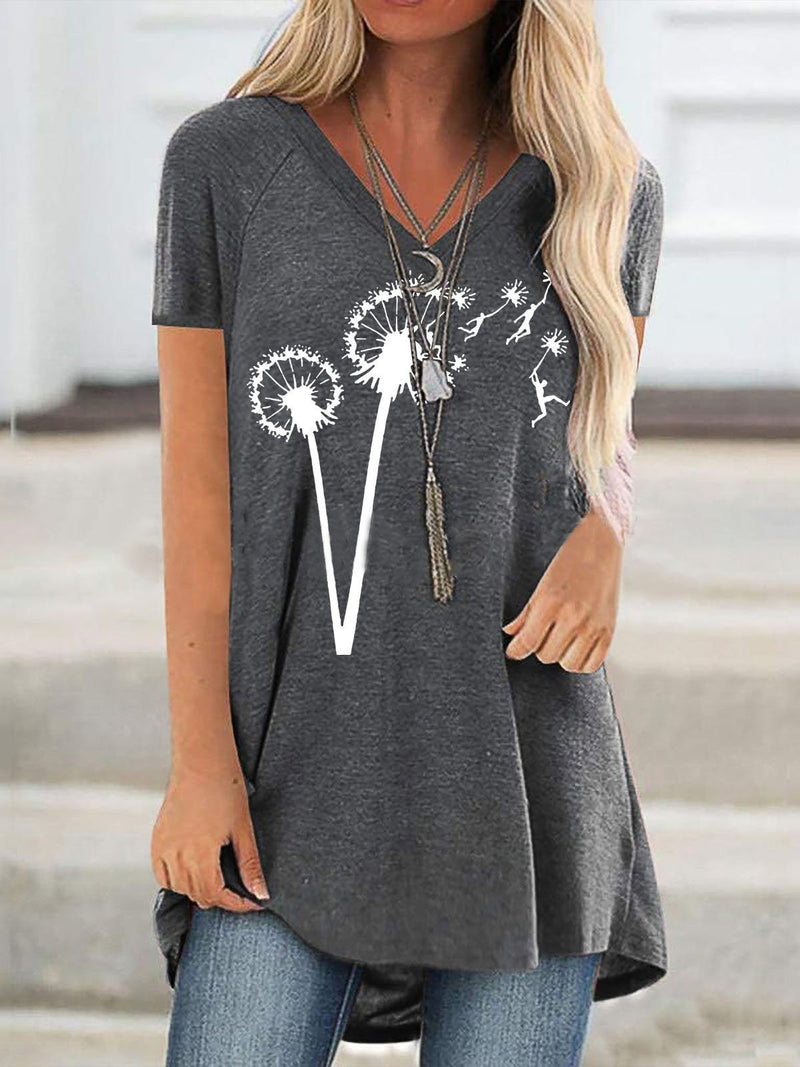 Casual Dandelion Print Short-sleeved V-neck T-shirt - T-shirts - INS | Online Fashion Free Shipping Clothing, Dresses, Tops, Shoes - 10-20 - 14/07/2021 - color-black