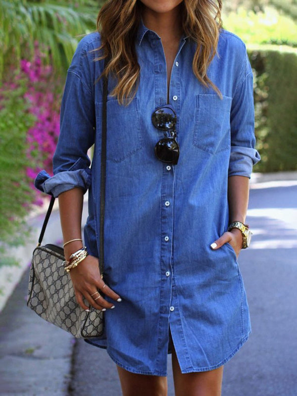 Casual Denim Long Sleeve Shirt Dress - Mini Dresses - INS | Online Fashion Free Shipping Clothing, Dresses, Tops, Shoes - 01/07/2021 - 10-20 - Category_Mini Dresses