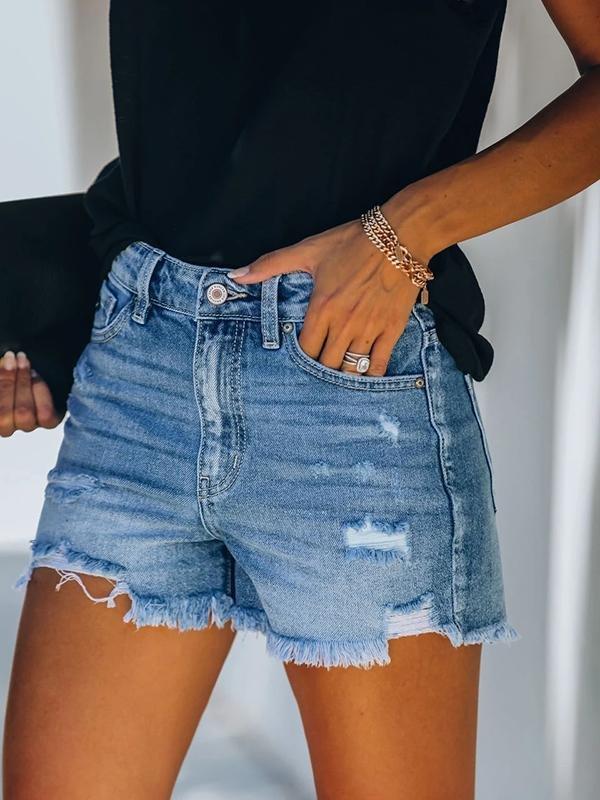 Casual Denim Shorts With Ripped Fringe Pockets - Denim Shorts - INS | Online Fashion Free Shipping Clothing, Dresses, Tops, Shoes - 21/04/2021 - Category_Denim Shorts - Color_Blue