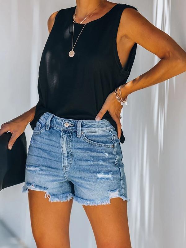 Casual Denim Shorts With Ripped Fringe Pockets - Denim Shorts - INS | Online Fashion Free Shipping Clothing, Dresses, Tops, Shoes - 21/04/2021 - Category_Denim Shorts - Color_Blue
