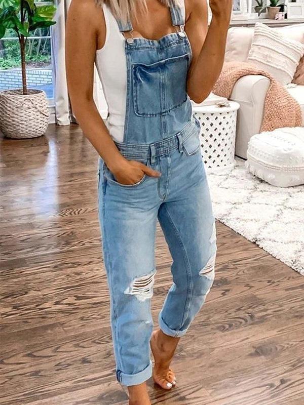 Casual Double Shoulder Strap Ripped Denim Jumpsuit - Jumpsuits - INS | Online Fashion Free Shipping Clothing, Dresses, Tops, Shoes - 12/05/2021 - 120521 - Category_Jumpsuits