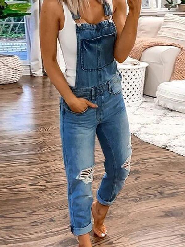 Casual Double Shoulder Strap Ripped Denim Jumpsuit - Jumpsuits - INS | Online Fashion Free Shipping Clothing, Dresses, Tops, Shoes - 12/05/2021 - 120521 - Category_Jumpsuits