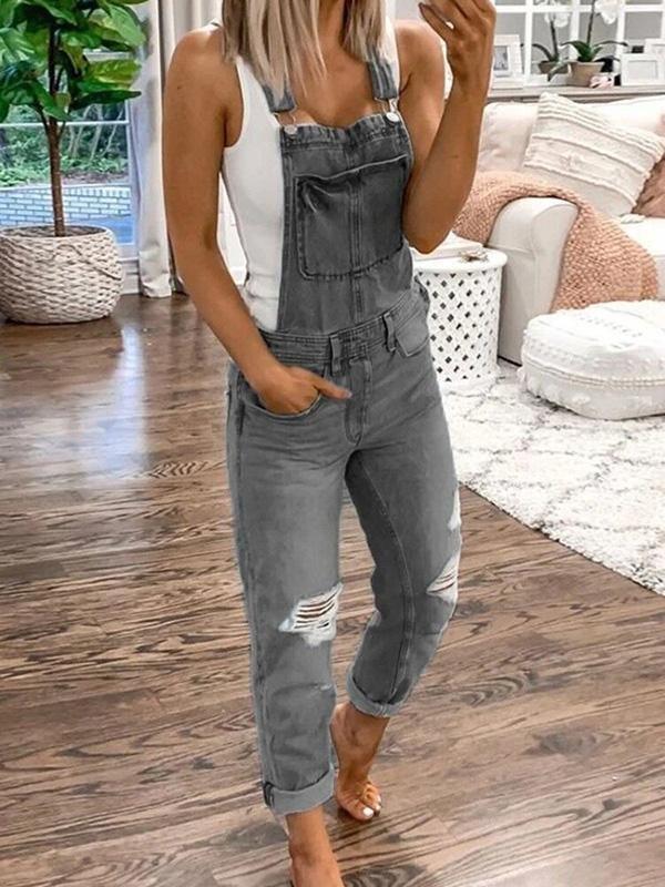 Casual Double Shoulder Strap Ripped Denim Jumpsuit - Jumpsuits - INS | Online Fashion Free Shipping Clothing, Dresses, Tops, Shoes - 12/05/2021 - 120521 - Category_Jumpsuits