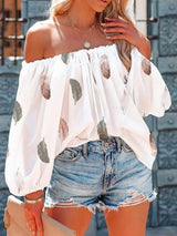 Casual Feather Print Off Shoulder Strap Blouse - Blouses - INS | Online Fashion Free Shipping Clothing, Dresses, Tops, Shoes - 20-30 - 30/06/2021 - BLO2106301133