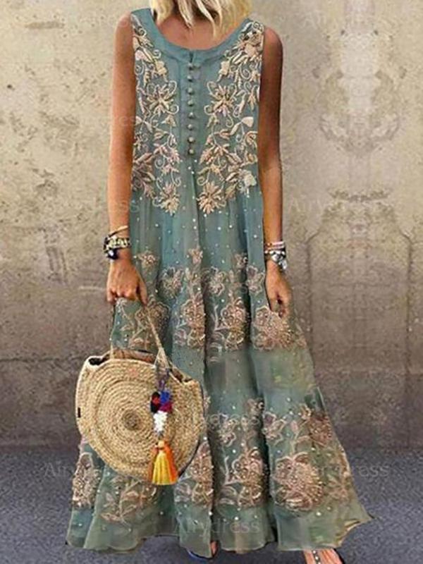 Casual Floral Round Neckline Sleeveless Maxi Dress - Maxi Dresses - INS | Online Fashion Free Shipping Clothing, Dresses, Tops, Shoes - 15/04/2021 - Color_Blue - Colour_Light Blue