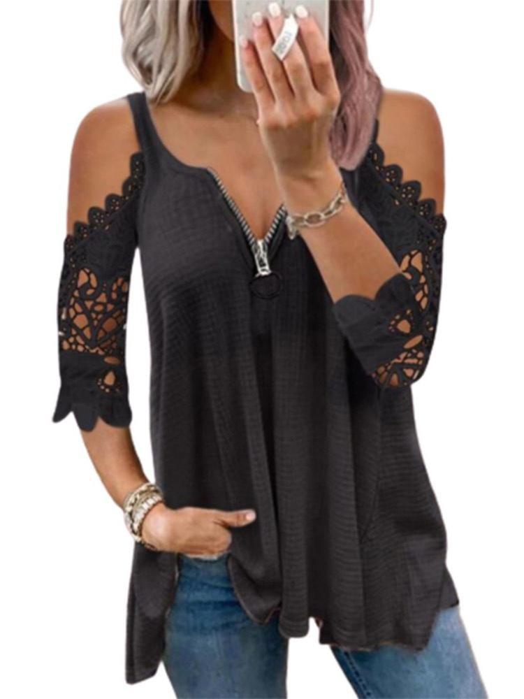 Casual Hollow Lace Sleeve Off-shoulder Sling Top - T-shirts - INS | Online Fashion Free Shipping Clothing, Dresses, Tops, Shoes - 31/05/2021 - Color_Black - Color_Red
