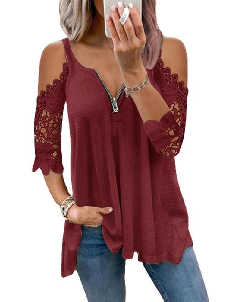 Casual Hollow Lace Sleeve Off-shoulder Sling Top - T-shirts - INS | Online Fashion Free Shipping Clothing, Dresses, Tops, Shoes - 31/05/2021 - Color_Black - Color_Red