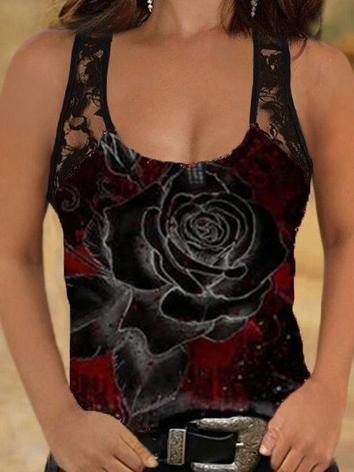 Casual Lace Rose Print Sleeveless Vest - Tank Tops - INS | Online Fashion Free Shipping Clothing, Dresses, Tops, Shoes - 10-20 - 28/06/2021 - color-black