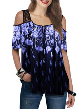 Casual Lace Sling Print Short-sleeved Top - T-shirts - INS | Online Fashion Free Shipping Clothing, Dresses, Tops, Shoes - 03/06/2021 - Color_Black - Color_Blue