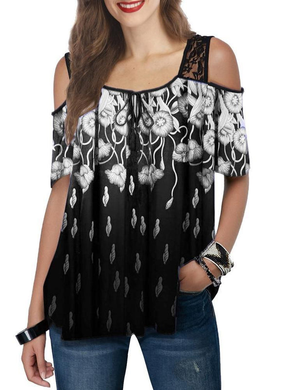 Casual Lace Sling Print Short-sleeved Top - T-shirts - INS | Online Fashion Free Shipping Clothing, Dresses, Tops, Shoes - 03/06/2021 - Color_Black - Color_Blue