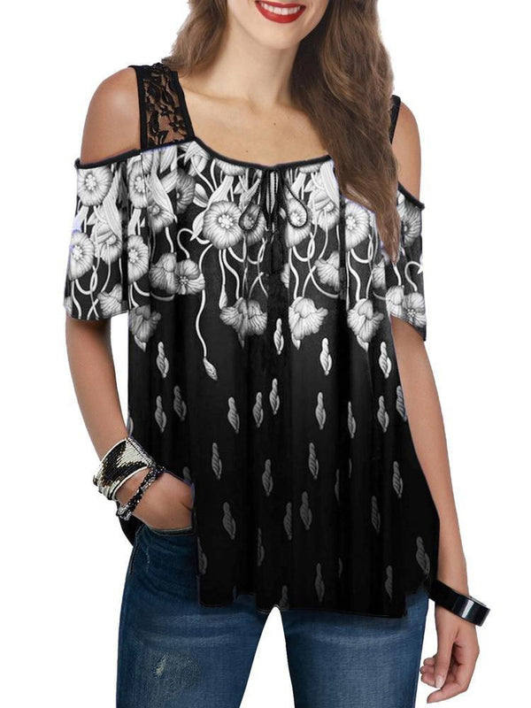 Casual Lace Sling Print Short-sleeved Top - T-shirts - INS | Online Fashion Free Shipping Clothing, Dresses, Tops, Shoes - 03/06/2021 - Color_Black - Color_Blue