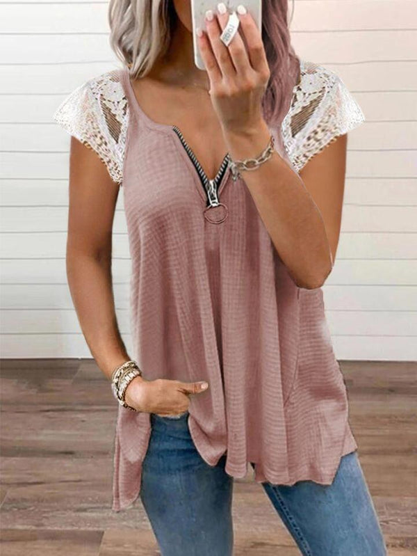 Casual Lace Stitching V-neck Short-sleeved Top - T-shirts - INS | Online Fashion Free Shipping Clothing, Dresses, Tops, Shoes - 08/06/2021 - Color_Black - Color_Pink