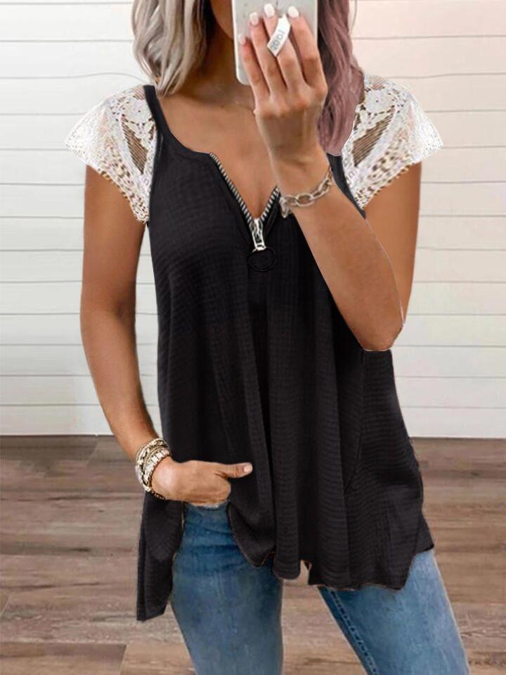 Casual Lace Stitching V-neck Short-sleeved Top - T-shirts - INS | Online Fashion Free Shipping Clothing, Dresses, Tops, Shoes - 08/06/2021 - Color_Black - Color_Pink