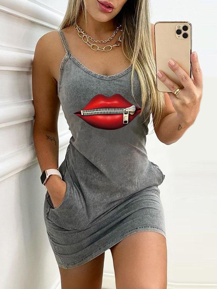 Casual Lip Print Pocket Sleeveless Dress - Mini Dresses - INS | Online Fashion Free Shipping Clothing, Dresses, Tops, Shoes - 10-20 - 14/07/2021 - Category_Mini Dresses