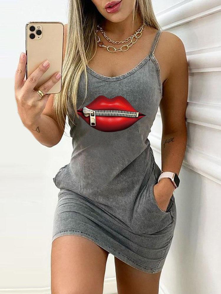 Casual Lip Print Pocket Sleeveless Dress - Mini Dresses - INS | Online Fashion Free Shipping Clothing, Dresses, Tops, Shoes - 10-20 - 14/07/2021 - Category_Mini Dresses