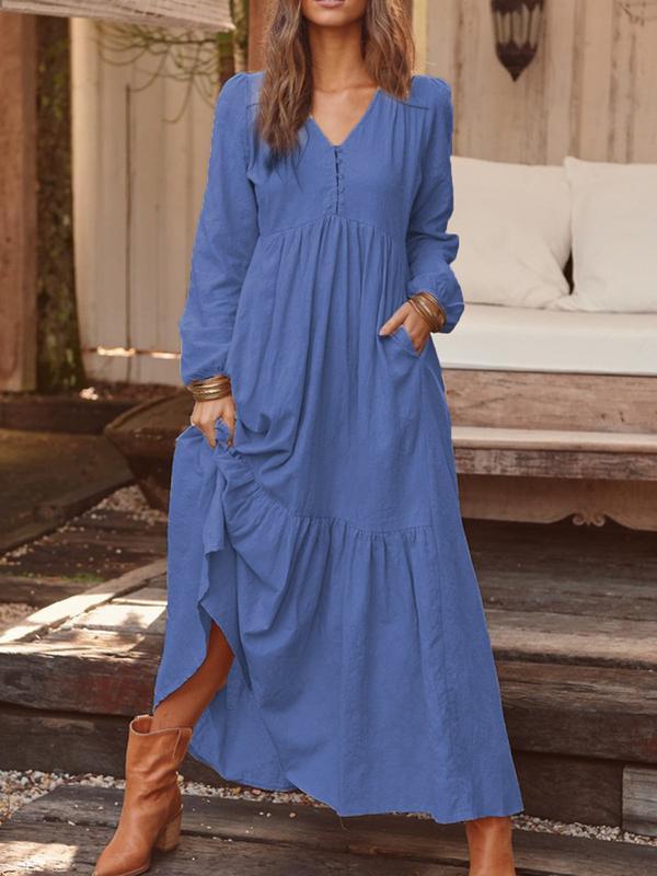 Casual Long-sleeved Dress With Big Swing - Maxi Dresses - INS | Online Fashion Free Shipping Clothing, Dresses, Tops, Shoes - 17/07/2021 - 30-40 - color-blue