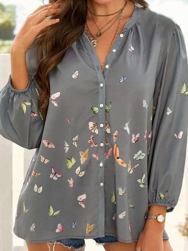 Casual Loose Butterfly Print Long-sleeved Shirt - Shirts - INS | Online Fashion Free Shipping Clothing, Dresses, Tops, Shoes - 02/04/2021 - 2XL - 3XL