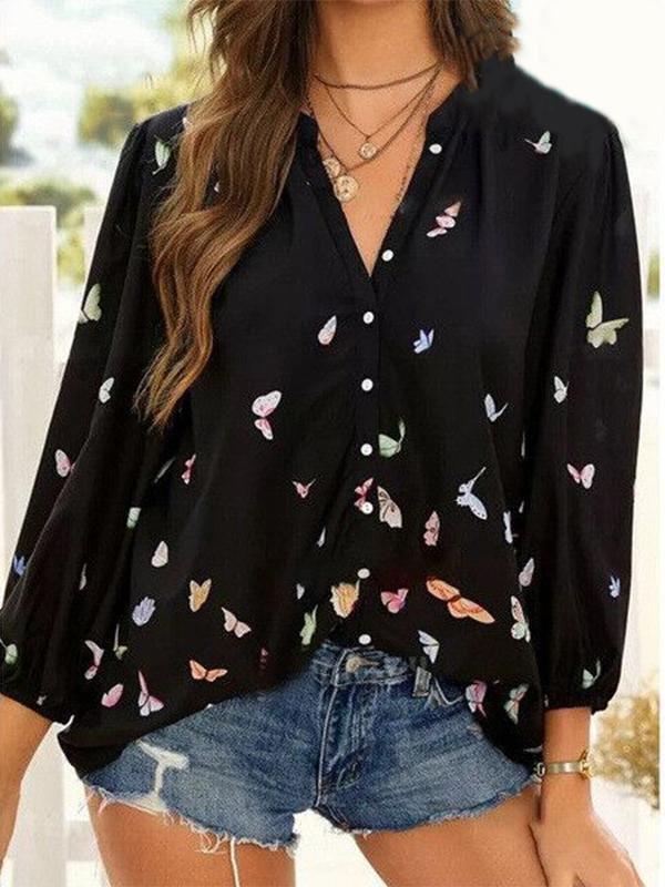 Casual Loose Butterfly Print Long-sleeved Shirt - Shirts - INS | Online Fashion Free Shipping Clothing, Dresses, Tops, Shoes - 02/04/2021 - 2XL - 3XL