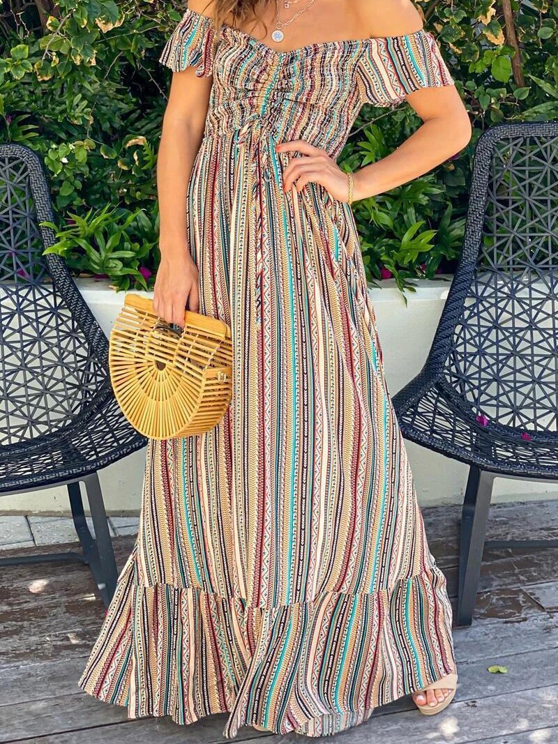 Casual One-shoulder Striped Dress - Maxi Dresses - INS | Online Fashion Free Shipping Clothing, Dresses, Tops, Shoes - 19/06/2021 - 30-40 - color-multi