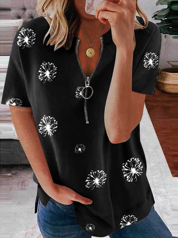 Casual Petal Print Zipper Short-sleeved Top - T-Shirts - INS | Online Fashion Free Shipping Clothing, Dresses, Tops, Shoes - 31/05/2021 - Color_Black - Color_Gray