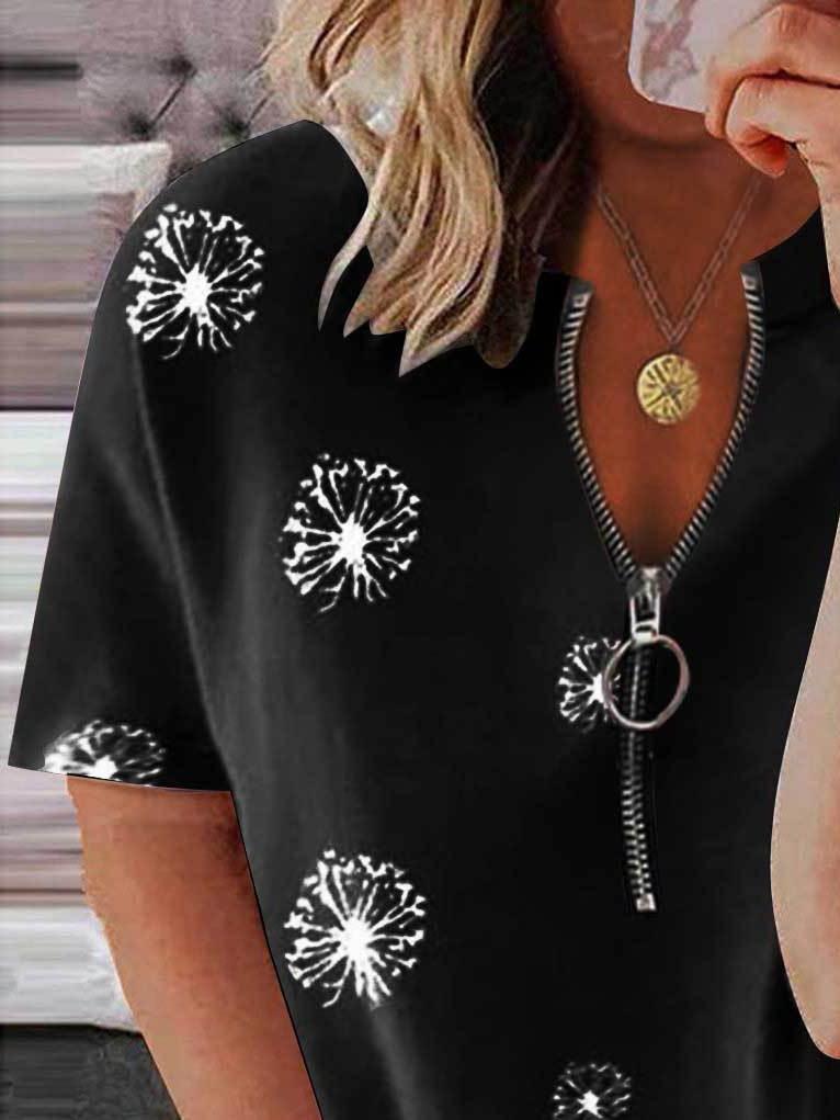 Casual Petal Print Zipper Short-sleeved Top - T-Shirts - INS | Online Fashion Free Shipping Clothing, Dresses, Tops, Shoes - 31/05/2021 - Color_Black - Color_Gray