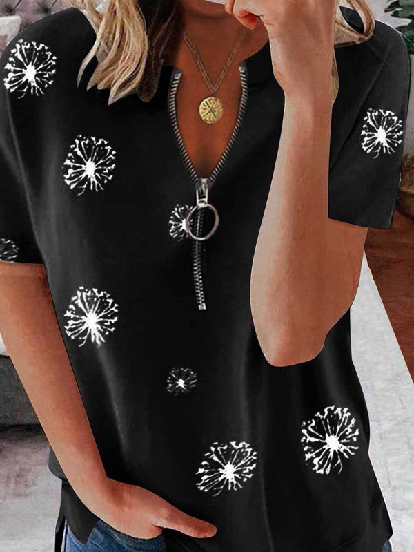 Casual Petal Print Zipper Short-sleeved Top - T-Shirts - INS | Online Fashion Free Shipping Clothing, Dresses, Tops, Shoes - 31/05/2021 - Color_Black - Color_Gray