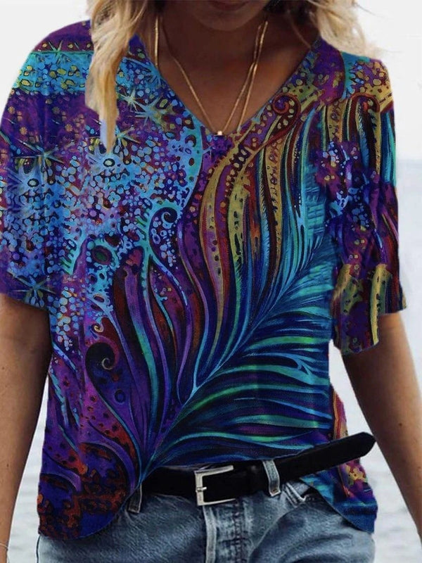 Casual Print V-neck Short Sleeve T-shirt - T-shirts - INS | Online Fashion Free Shipping Clothing, Dresses, Tops, Shoes - 08/06/2021 - Color_Purple - Size_2XL