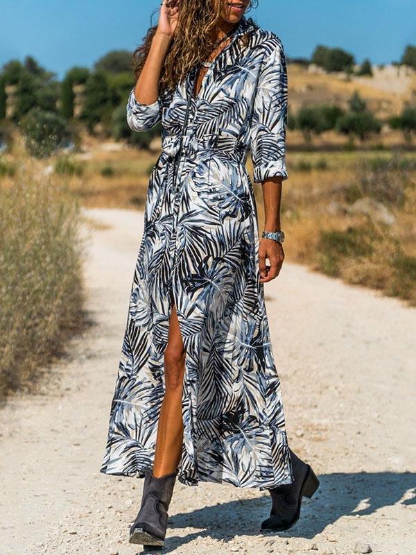 Casual Printed High-waist Lace-up Chiffon Shirt Dress - Maxi Dresses - INS | Online Fashion Free Shipping Clothing, Dresses, Tops, Shoes - 20-30 - 26/07/2021 - color-blue